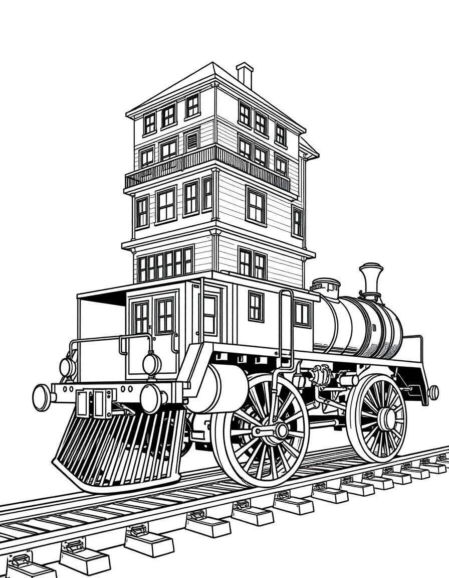 six story building on top of one story high train wheels, the whole structure being pulled along tracks by cables