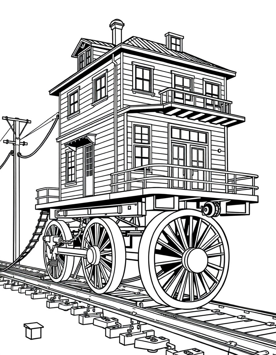 six story building on top of one story high train wheels, the whole structure being pulled along tracks by cables