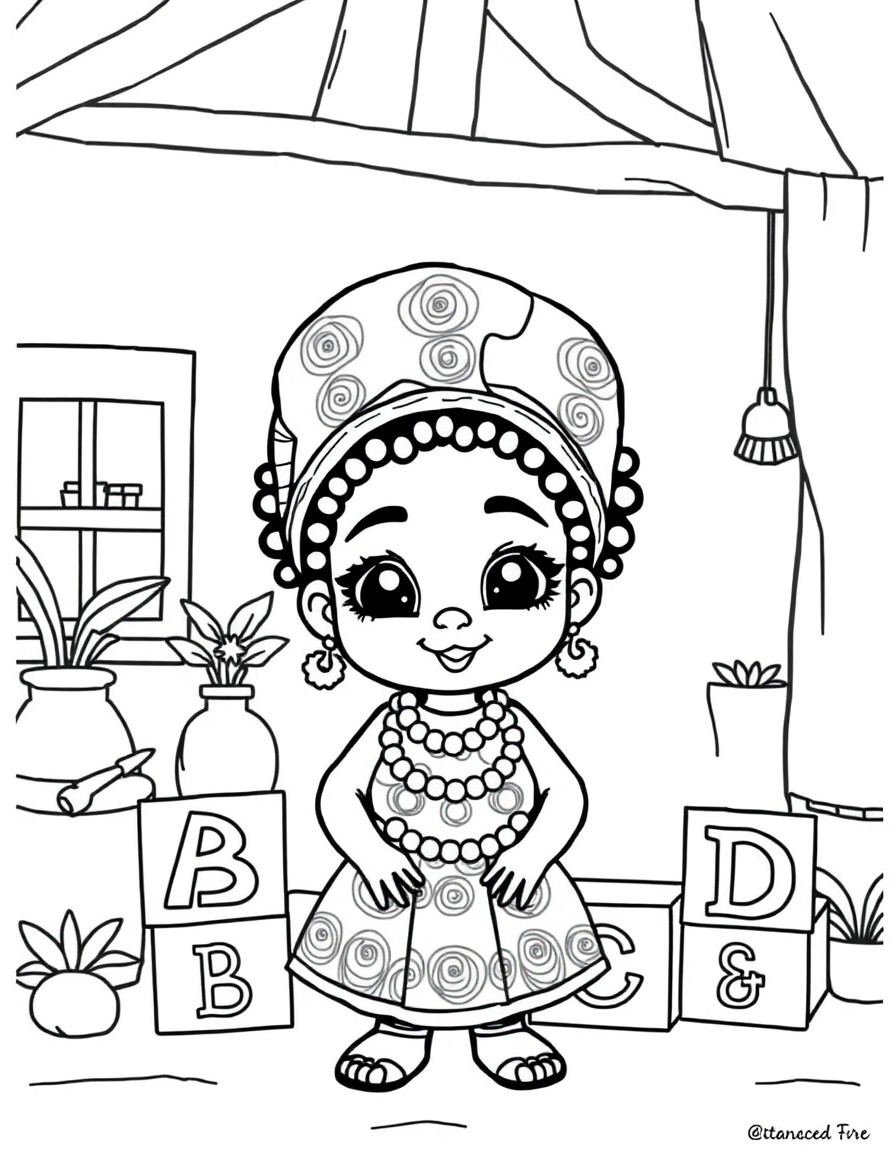 A cute Yoruba girl with Yoruba alphabet blocks A B D in a home setting