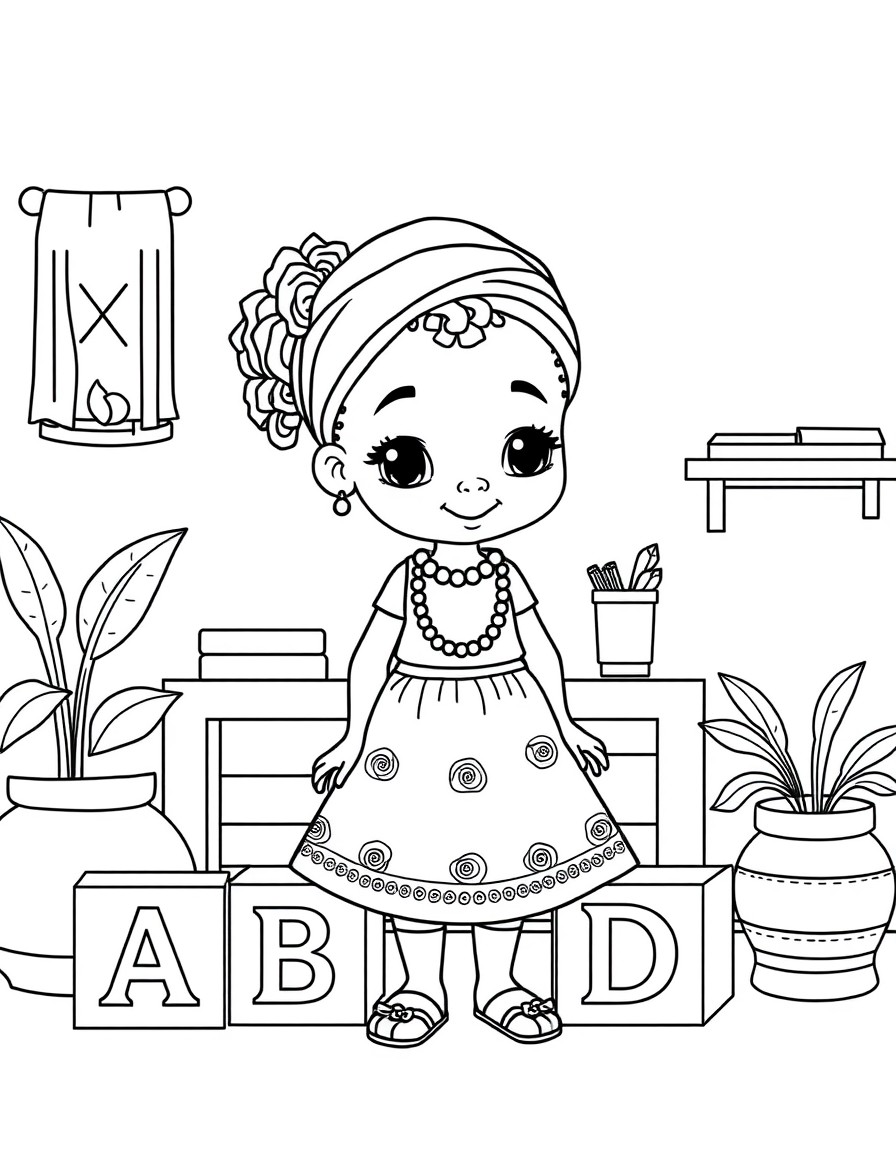 A cute Yoruba girl with Yoruba alphabet blocks A B D in a home setting