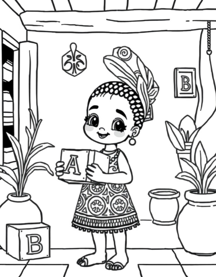 A cute Yoruba girl with Yoruba alphabet blocks A B D in a home setting