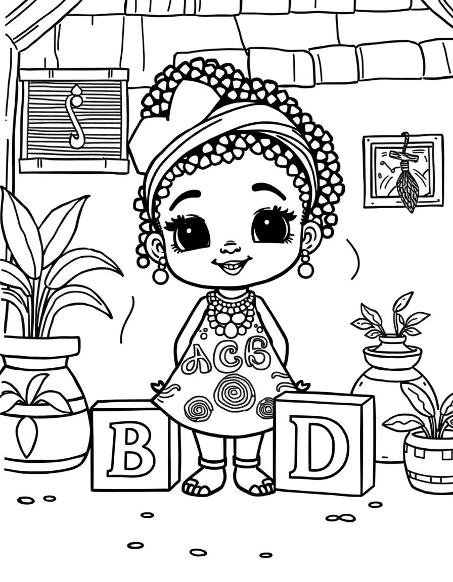 A cute Yoruba girl with Yoruba alphabet blocks A B D in a home setting