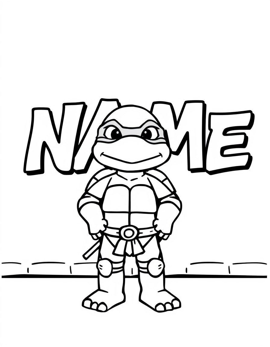 A cute ninja turtle standing in front of a wall that has the text 'NAME' spelled out in bold graffiti letters