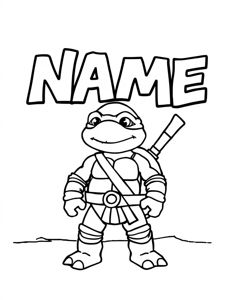 A cute ninja turtle standing in front of a wall that has the text 'NAME' spelled out in bold graffiti letters