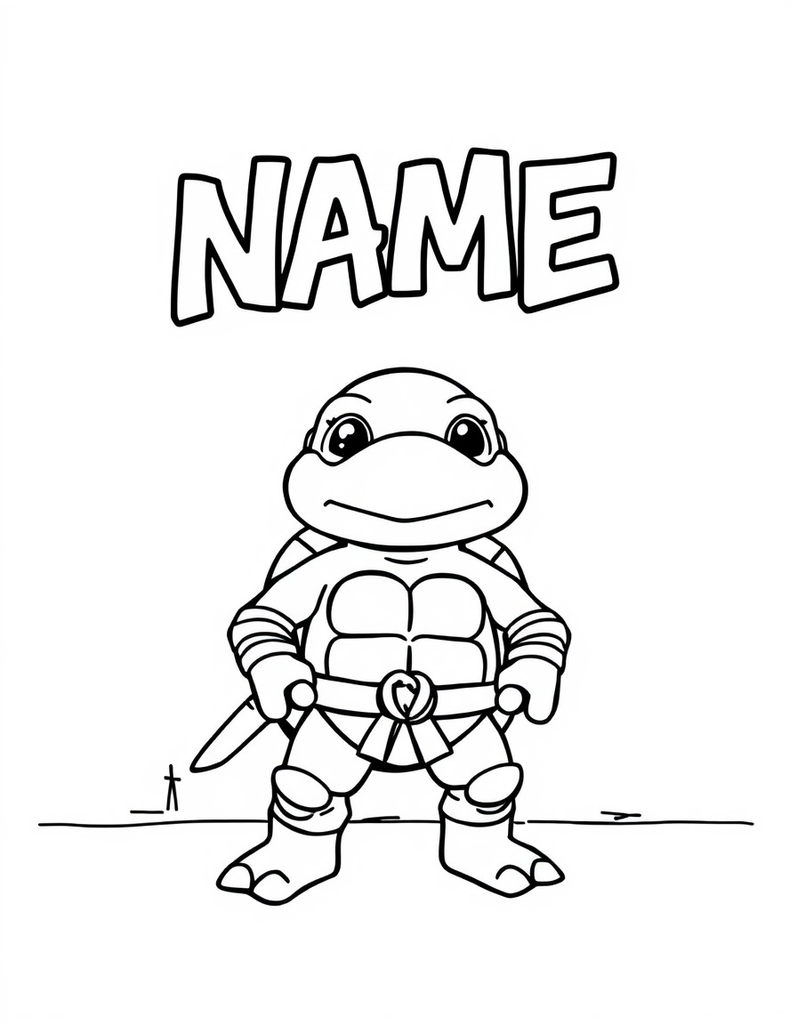 A cute ninja turtle standing in front of a wall that has the text 'NAME' spelled out in bold graffiti letters