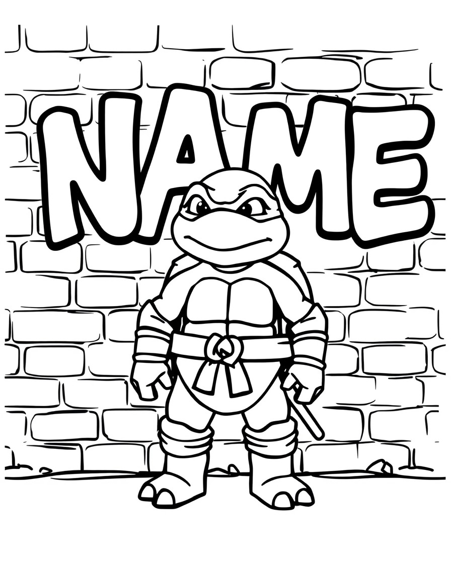 A cute ninja turtle standing in front of a wall that has the text 'NAME' spelled out in bold graffiti letters