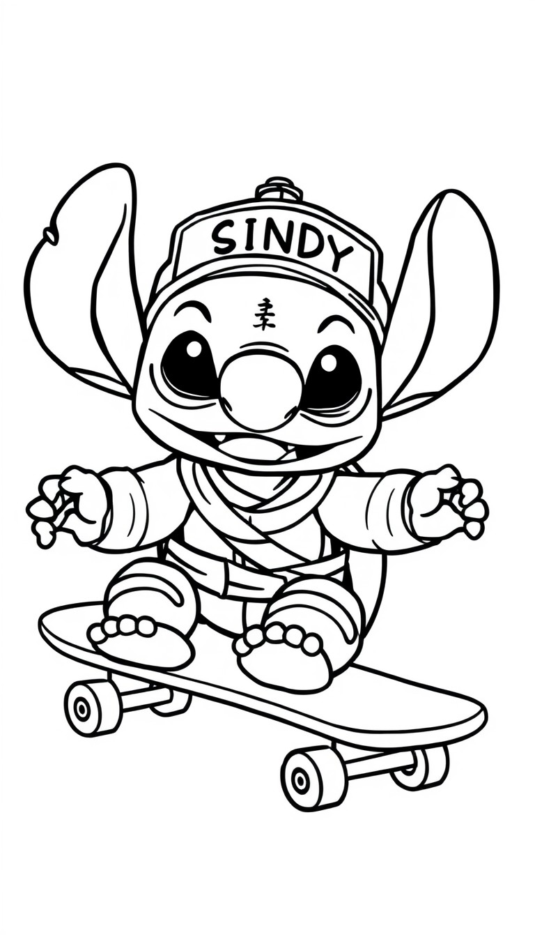 A ninja turtle on a skateboard and the text 'SOFIA' in the background"  "A cute Stitch with a cap that has the name 'CINDY' on it