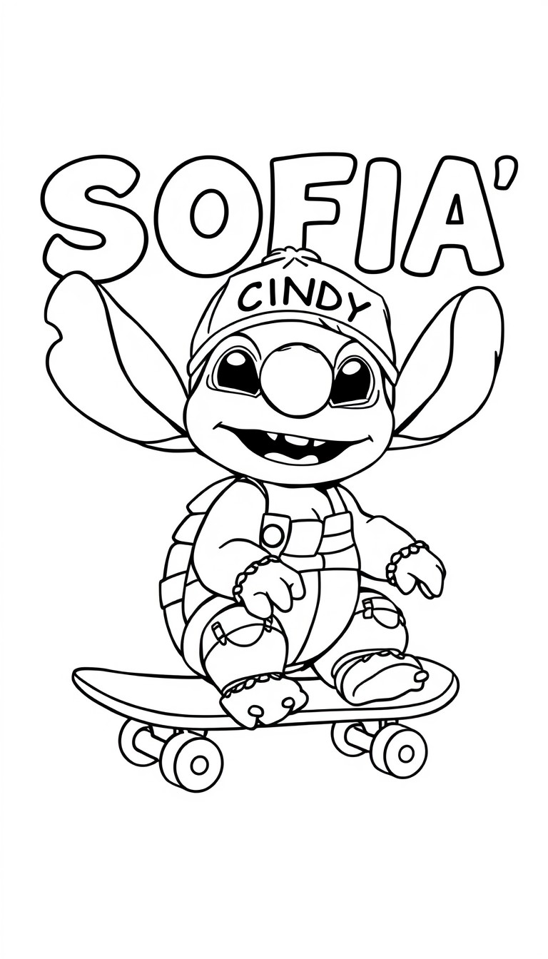 A ninja turtle on a skateboard and the text 'SOFIA' in the background"  "A cute Stitch with a cap that has the name 'CINDY' on it