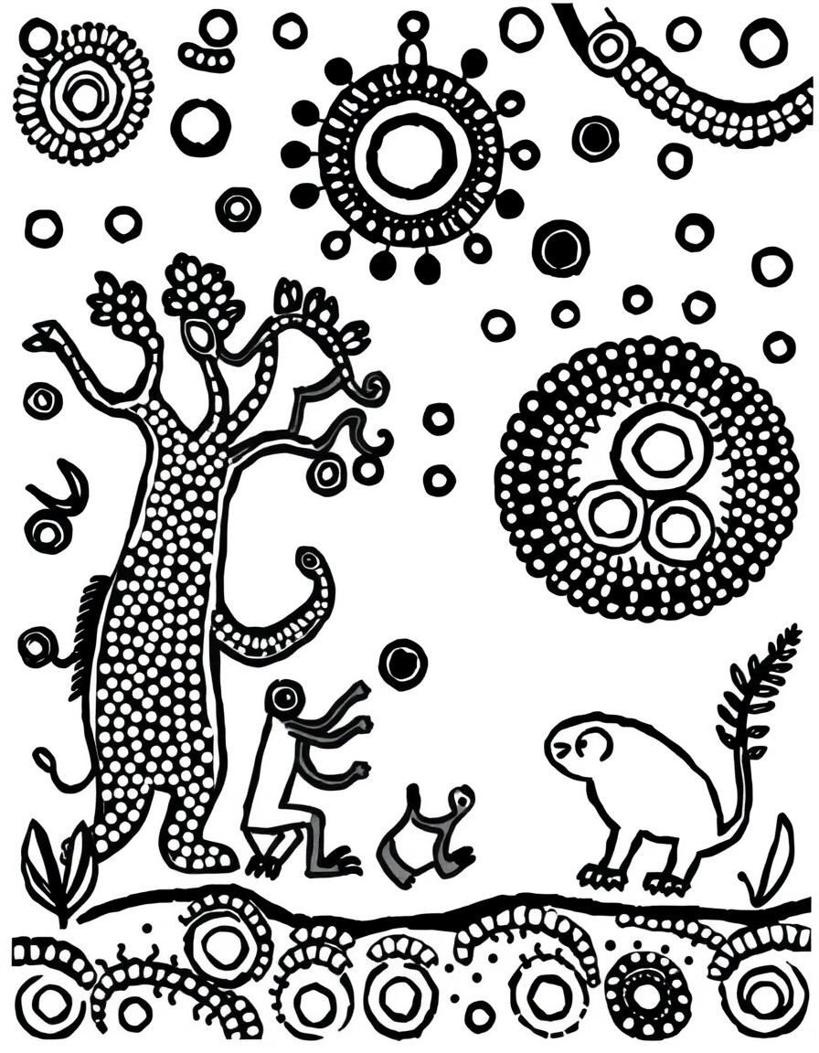 Aboriginal art depicting Dreamtime elements and characters