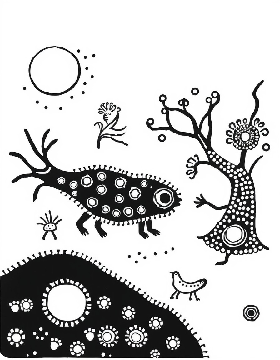 Aboriginal art depicting Dreamtime elements and characters