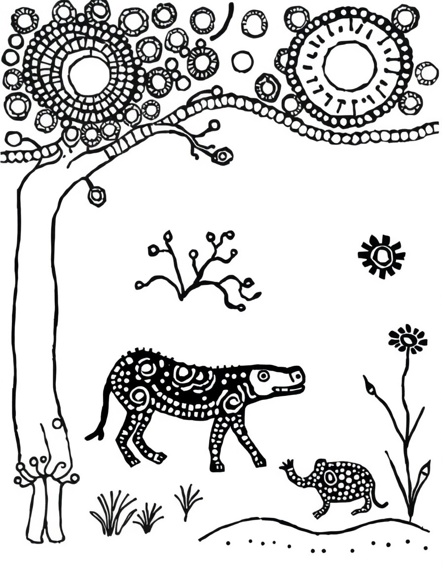 Aboriginal art depicting Dreamtime elements and characters