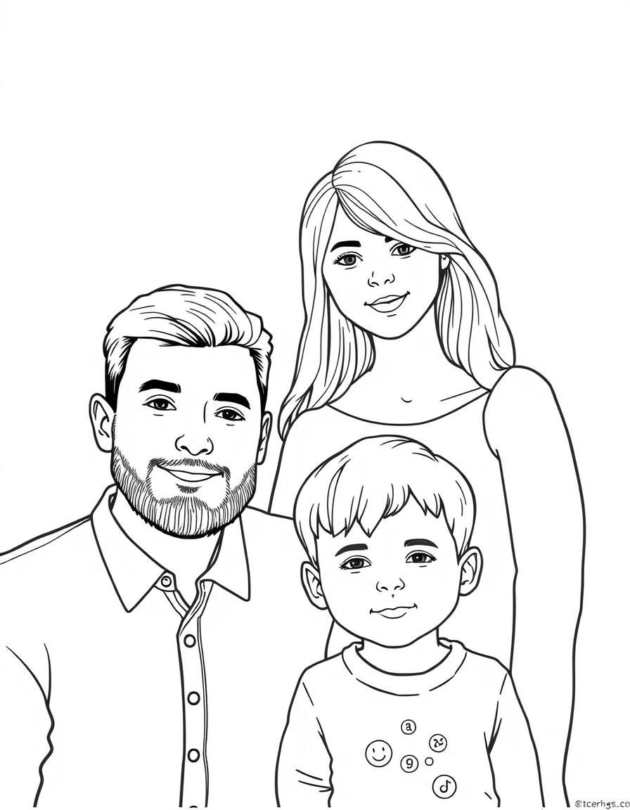 create a colouring in page of my family Myself, wife, son and daughter.  I have short hair with a short beard, my wife has shoulder length blonde hair and is simply stunning, my son is 8 years old wit