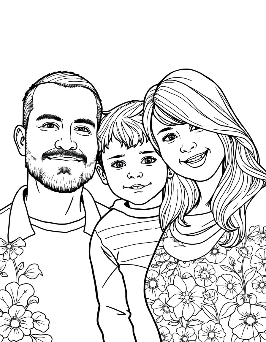 create a colouring in page of my family Myself, wife, son and daughter.  I have short hair with a short beard, my wife has shoulder length blonde hair and is simply stunning, my son is 8 years old wit