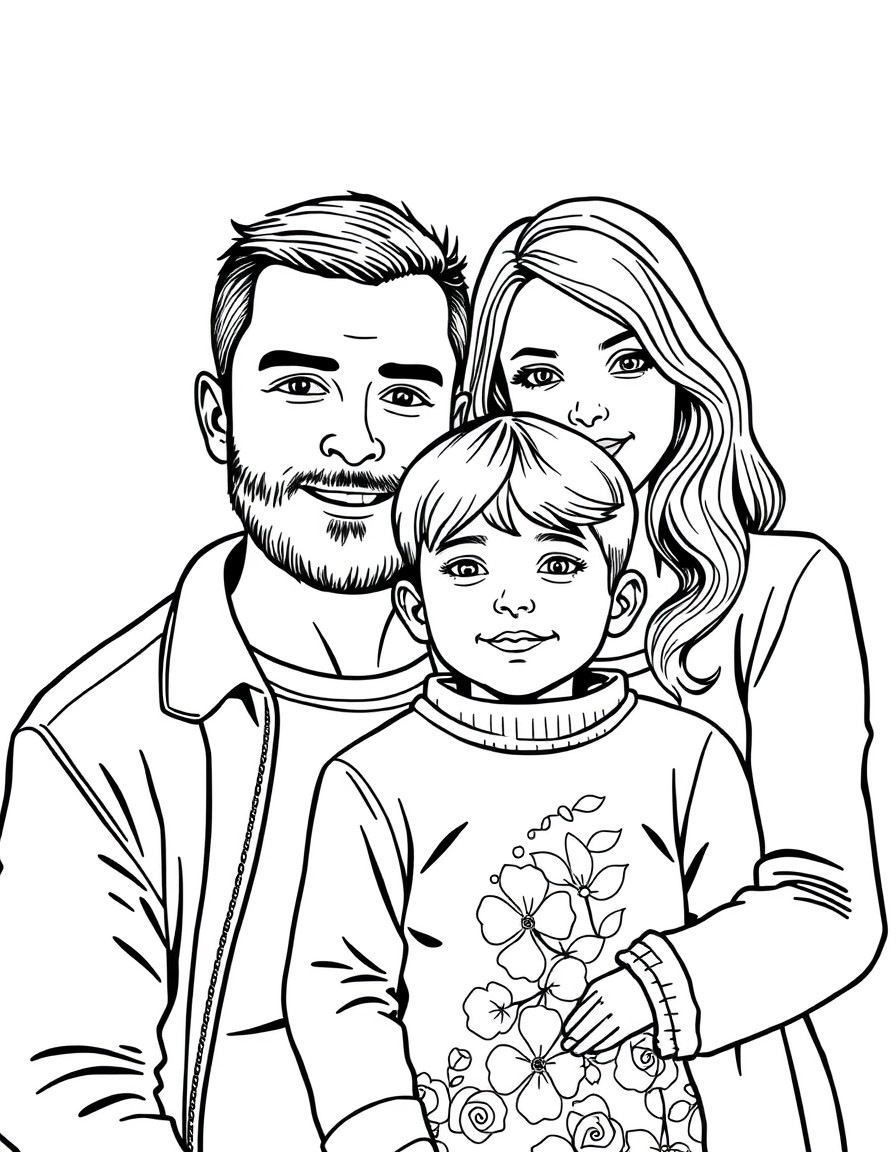 create a colouring in page of my family Myself, wife, son and daughter.  I have short hair with a short beard, my wife has shoulder length blonde hair and is simply stunning, my son is 8 years old wit