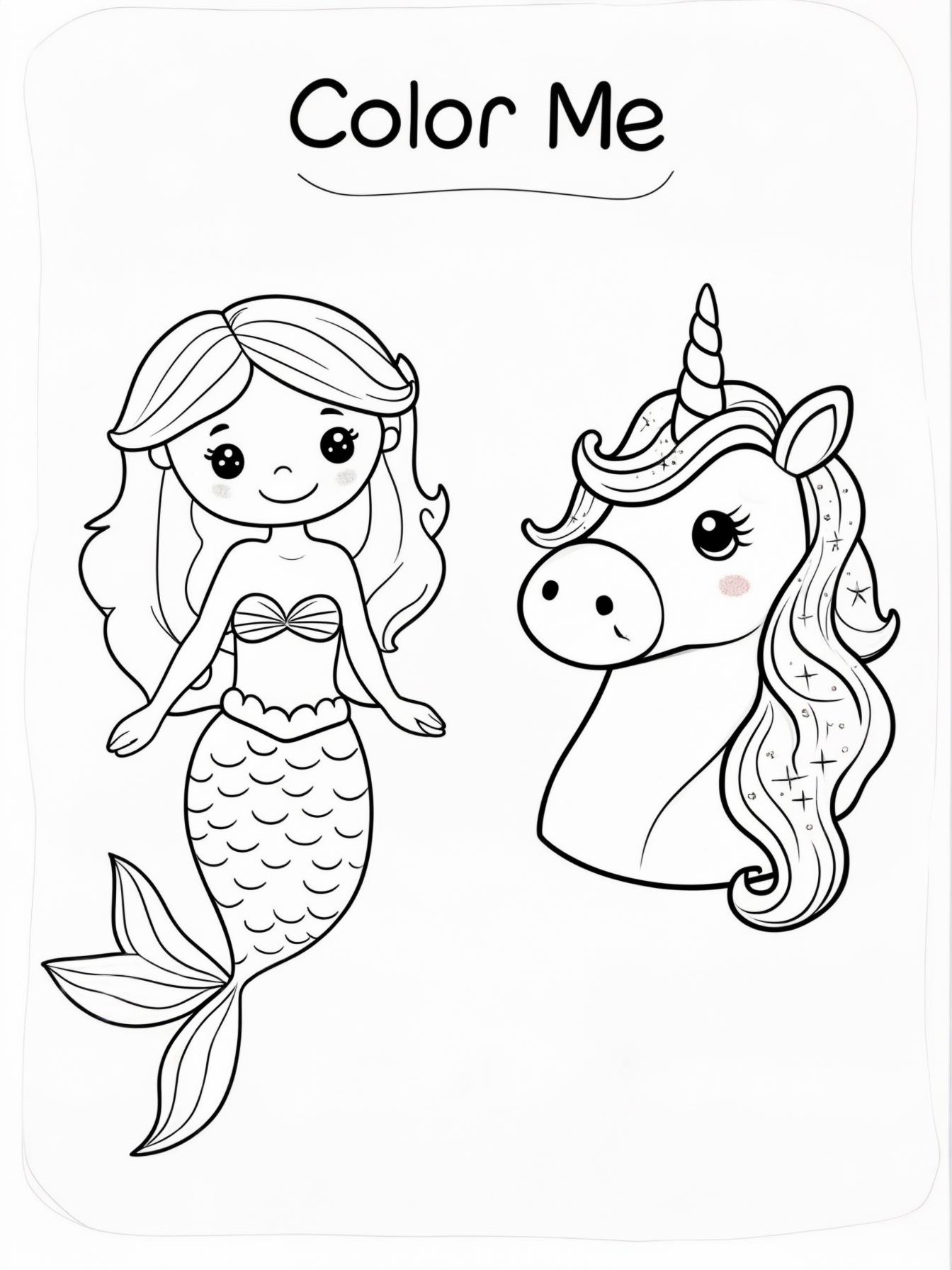A cute mermaid and a cute unicorn