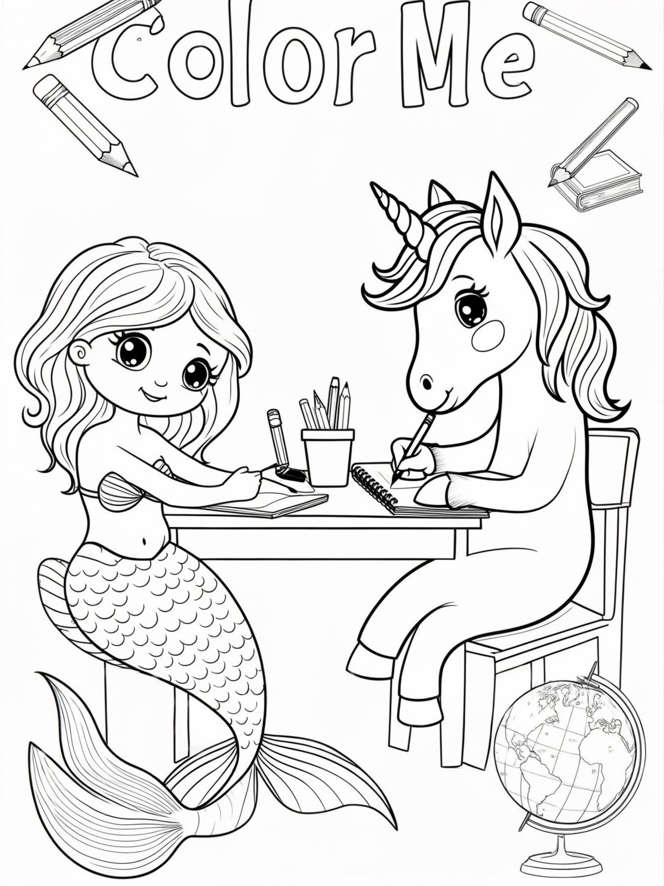 mermaid and unicorn doing schoolwork