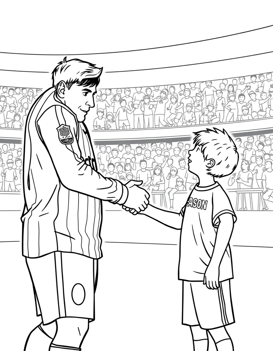 Lionel Messi shaking the hand of a boy called easton - put Kenney on the boys's jersey