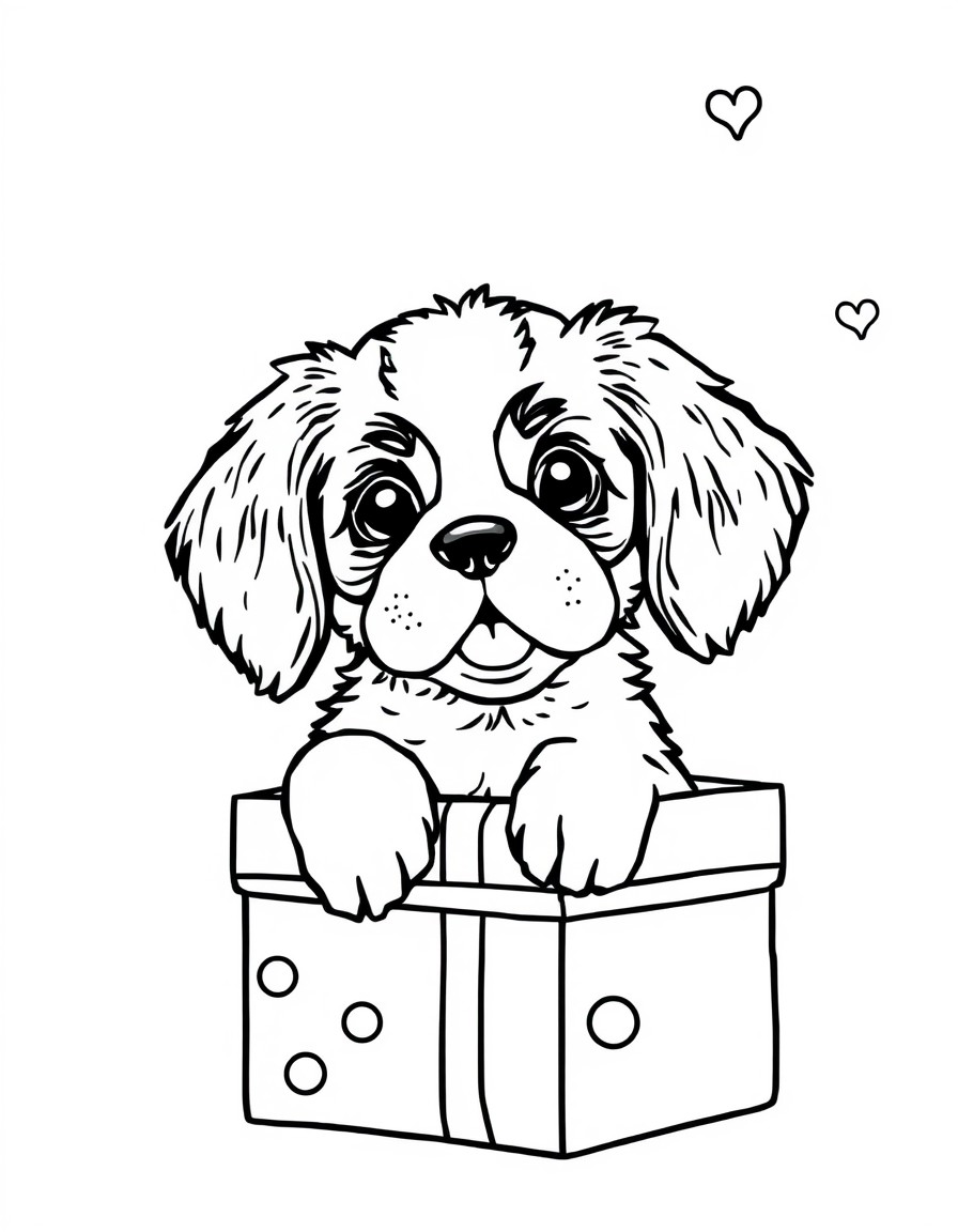 A cute cavelier king charles puppy popping out of a present