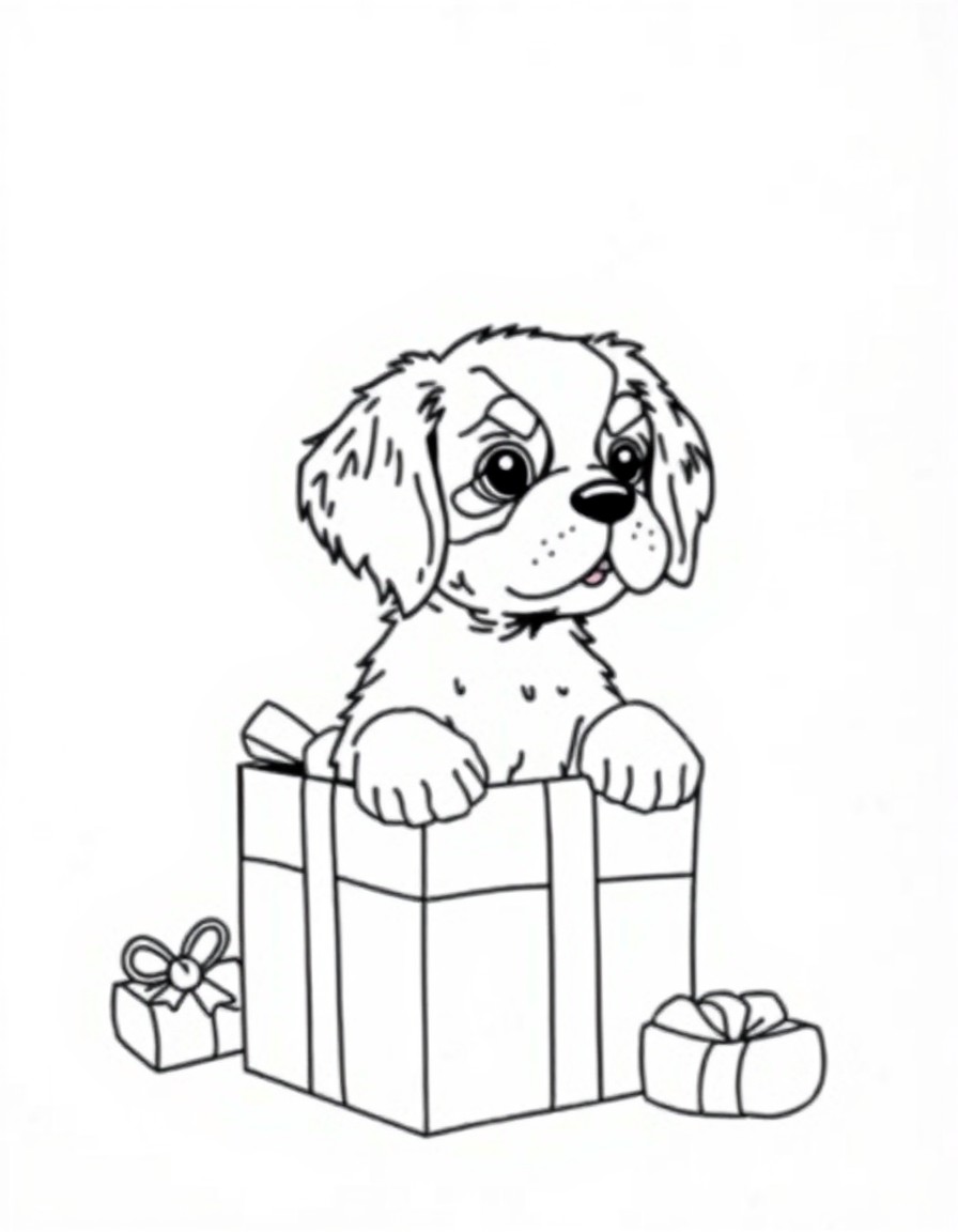 A cute cavelier king charles puppy popping out of a present