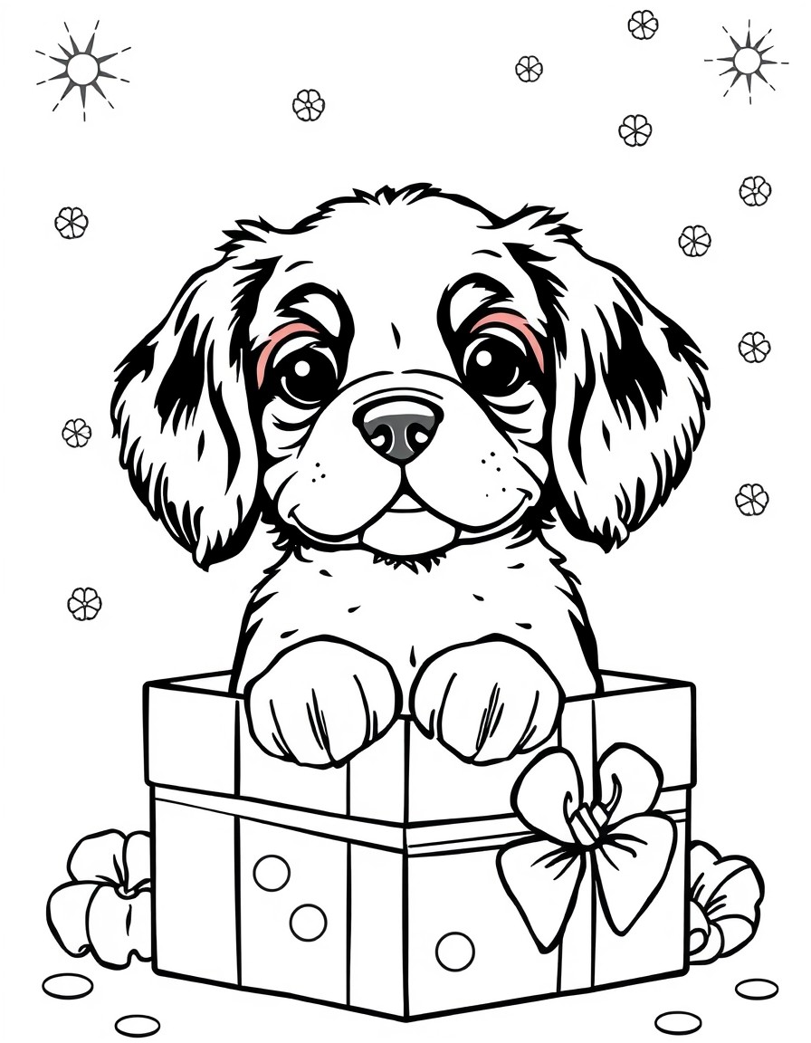 A cute cavelier king charles puppy popping out of a present