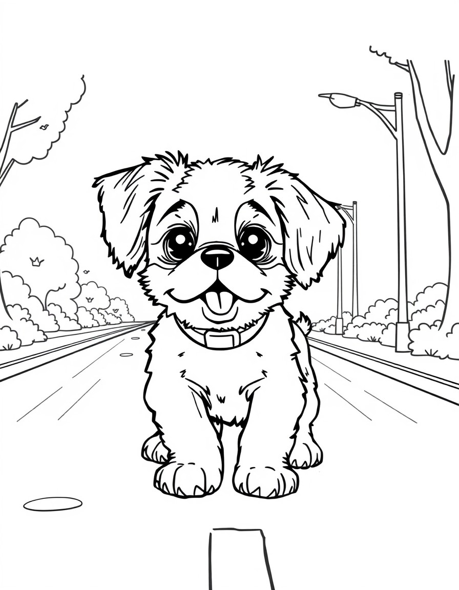 Cute cavelier king charles puppy crossing the road without looking