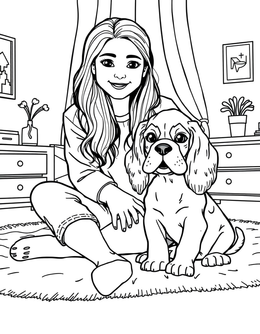 Teen girl sitting on a cool carpet in her bedroom with her brother and Cute cavelier king charles puppy