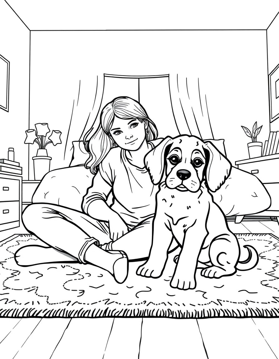 Teen girl sitting on a cool carpet in her bedroom with her brother and Cute cavelier king charles puppy