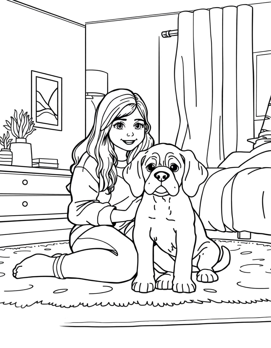 Teen girl sitting on a cool carpet in her bedroom with her brother and Cute cavelier king charles puppy