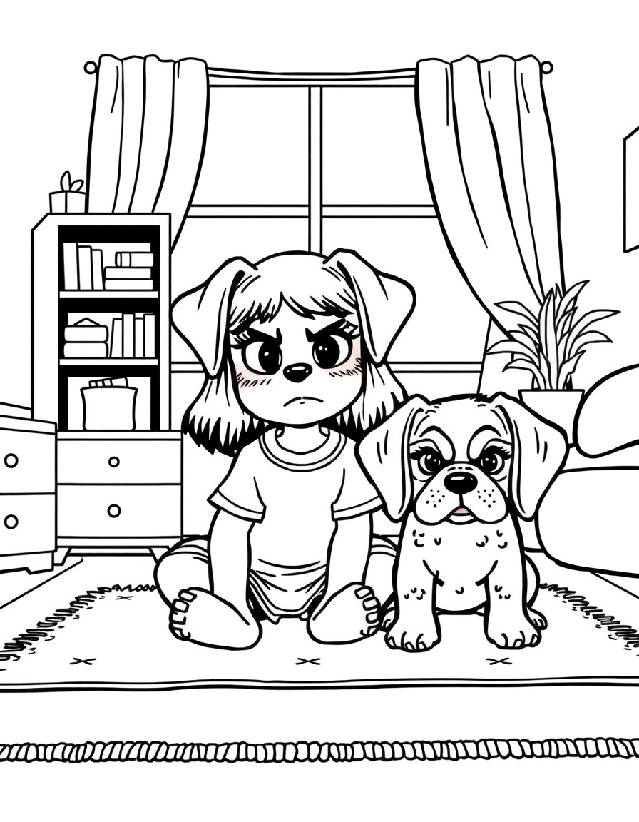 Angry girl sitting on a carpet in her room with her Cute cavelier king charles puppy