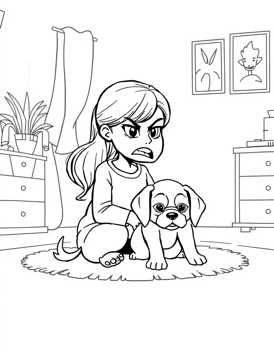 Angry girl sitting on a carpet in her room with her Cute cavelier king charles puppy