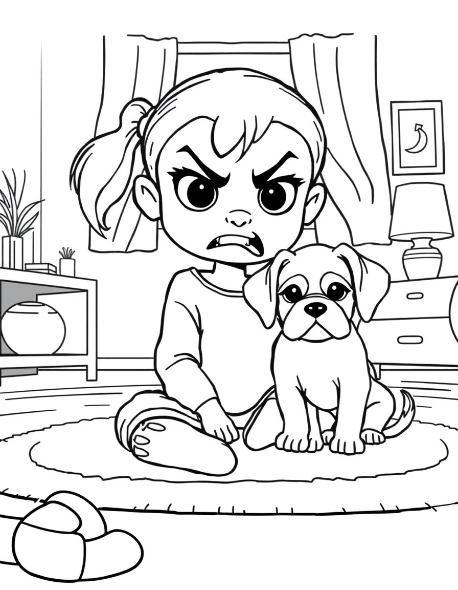 Angry girl sitting on a carpet in her room with her Cute cavelier king charles puppy