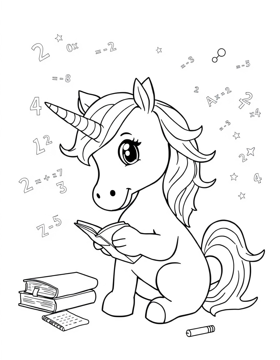 cute unicorn is studying math