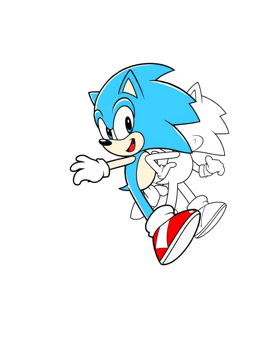 Generate an image with a colored illustration of 'Sonic the Hedgehog running' on the left side, and the same illustration in a black-and-white outline on right side. Include 'spiky blue hair, red shoe