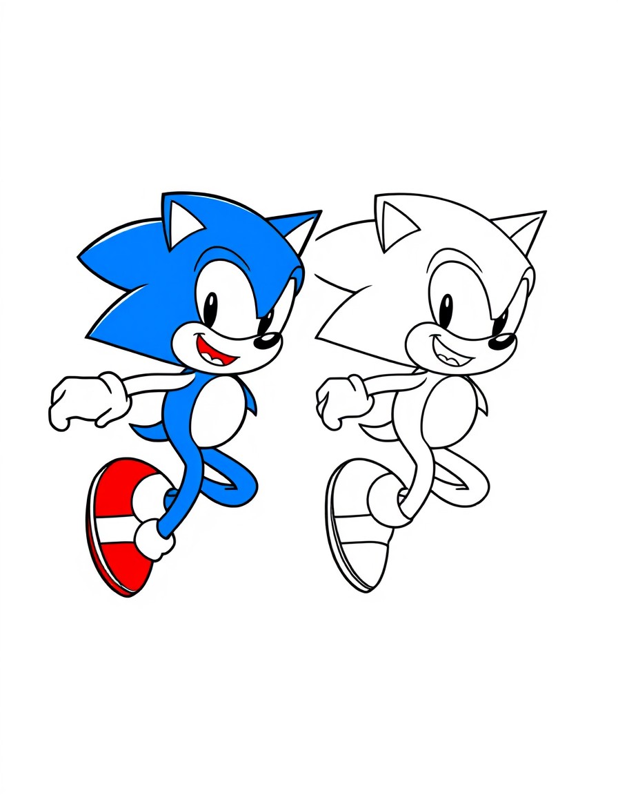 Generate an image with a colored illustration of 'Sonic the Hedgehog running' on the left side, and the same illustration in a black-and-white outline on right side. Include 'spiky blue hair, red shoe