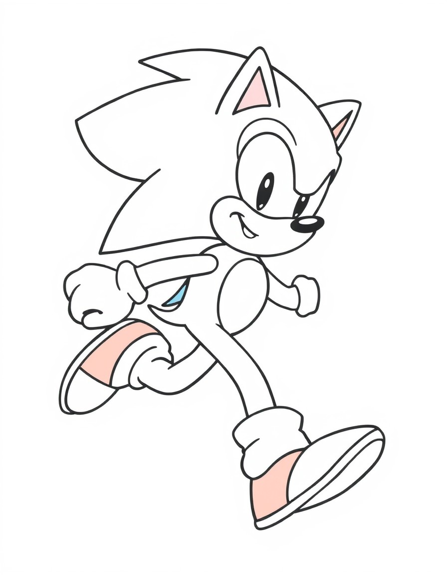 Generate an image with a colored illustration of 'Sonic the Hedgehog running' on the left side, and the same illustration in a black-and-white outline on right side. Include 'spiky blue hair, red shoe