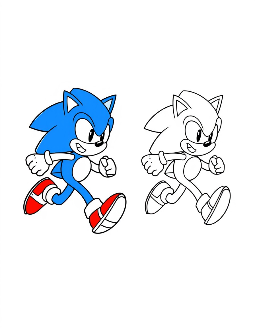 Generate an image with a colored illustration of 'Sonic the Hedgehog running' on the left side, and the same illustration in a black-and-white outline on right side. Include 'spiky blue hair, red shoe