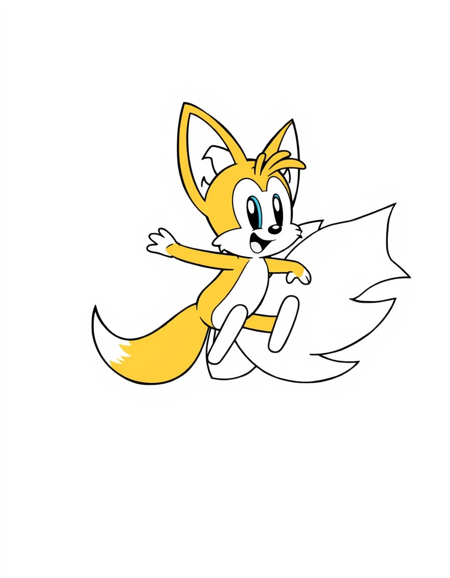 Generate an image with a colored illustration of 'Tails flying with his twin tails' on the left side, and the same illustration in a black-and-white outline on the right side. Include 'orange fur, hap