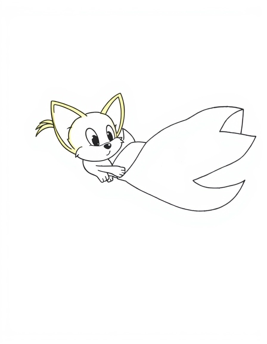 Generate an image with a colored illustration of 'Tails flying with his twin tails' on the left side, and the same illustration in a black-and-white outline on the right side. Include 'orange fur, hap