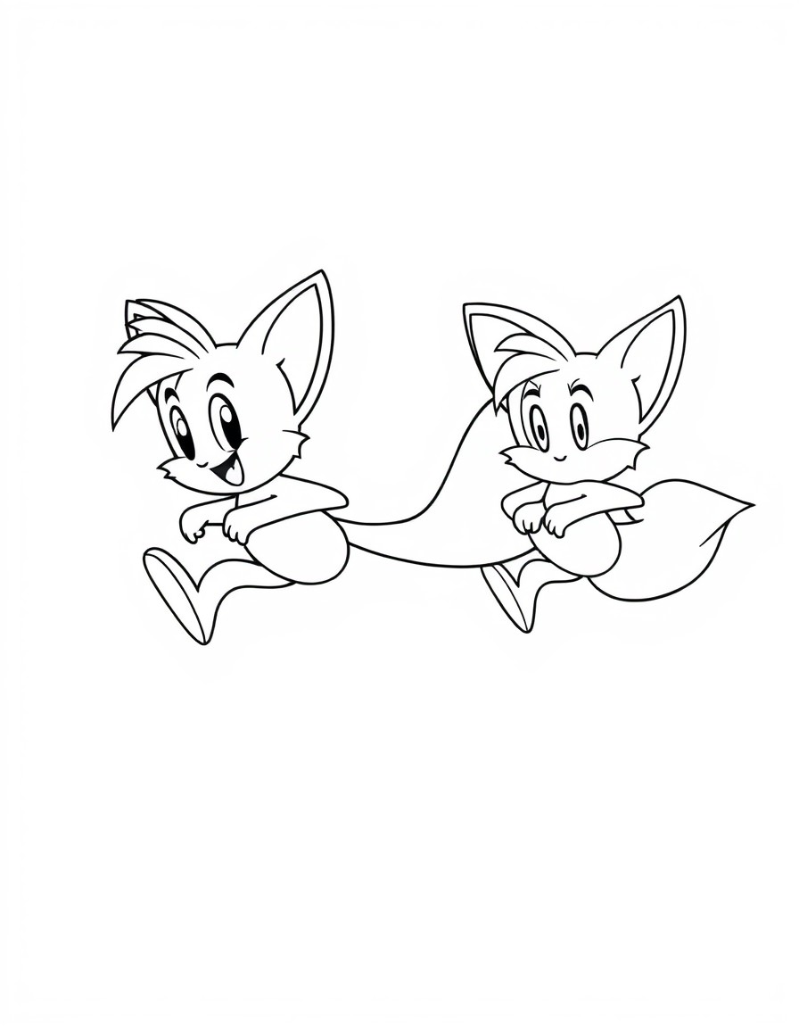 Generate an image with a colored illustration of 'Tails flying with his twin tails' on the left side, and the same illustration in a black-and-white outline on the right side. Include 'orange fur, hap