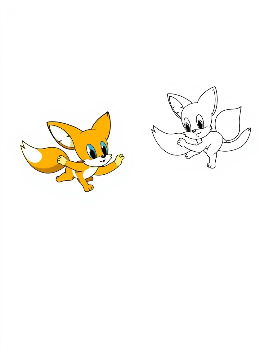 Generate an image with a colored illustration of 'Tails flying with his twin tails' on the left side, and the same illustration in a black-and-white outline on the right side. Include 'orange fur, hap