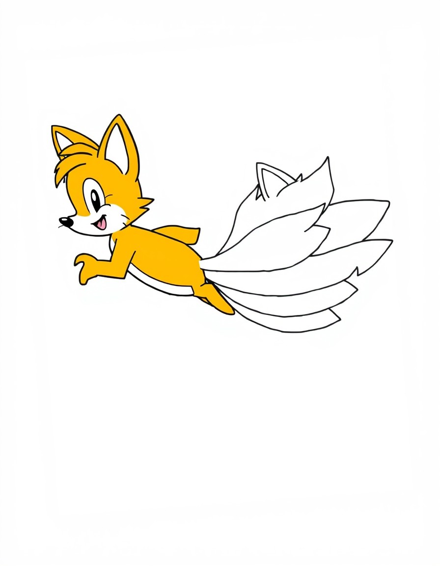 Generate an image with a colored illustration of 'Tails flying with his twin tails' on the left side, and the same illustration in a black-and-white outline on the right side. Include 'orange fur, hap