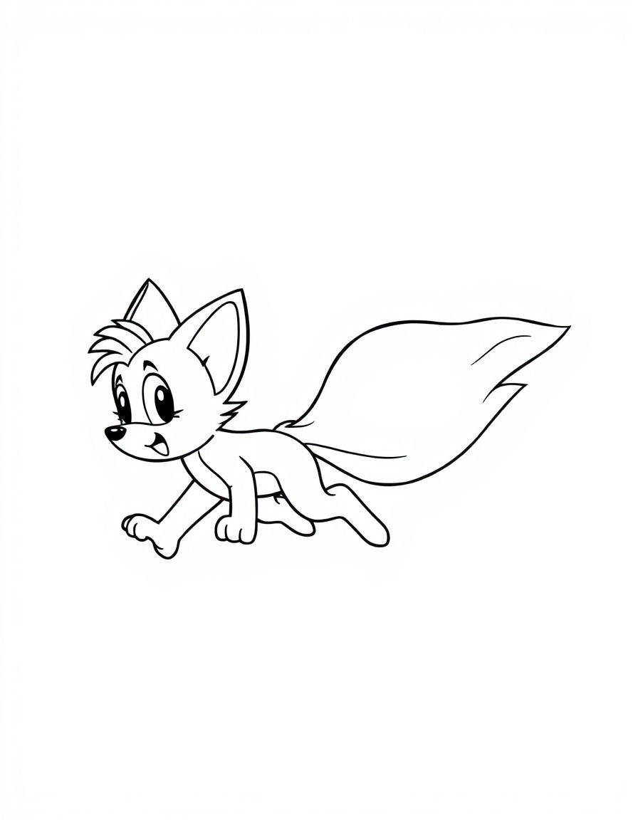 Generate an image with a colored illustration of 'Tails flying with his twin tails' on the left side, and the same illustration in a black-and-white outline on the right side. Include 'orange fur, hap