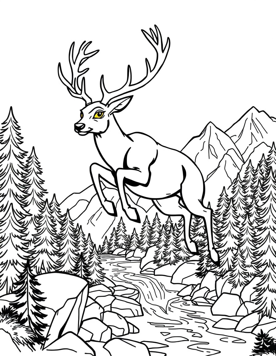 A very beautiful dark deer with glowing eyes and golden skin making a long jump across the mountainous river forests in dark