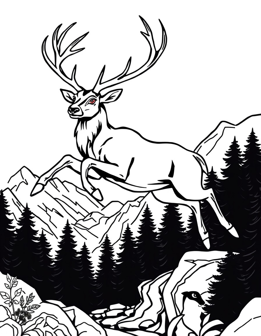 A very beautiful dark deer with glowing eyes and golden skin making a long jump across the mountainous river forests in dark