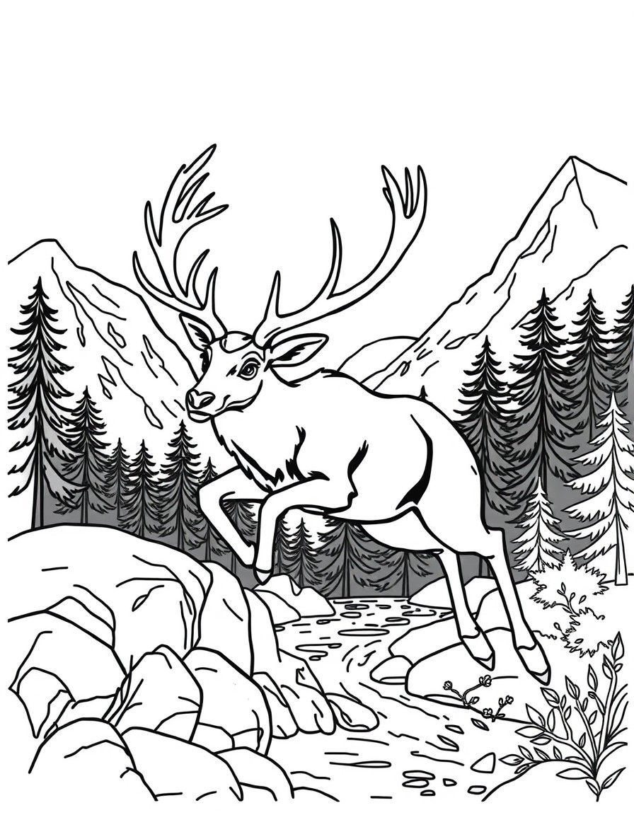 A very beautiful dark deer with glowing eyes and golden skin making a long jump across the mountainous river forests in dark