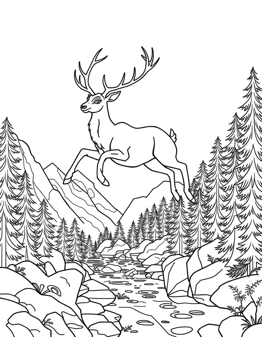 A very beautiful dark deer with glowing eyes and golden skin making a long jump across the mountainous river forests in dark