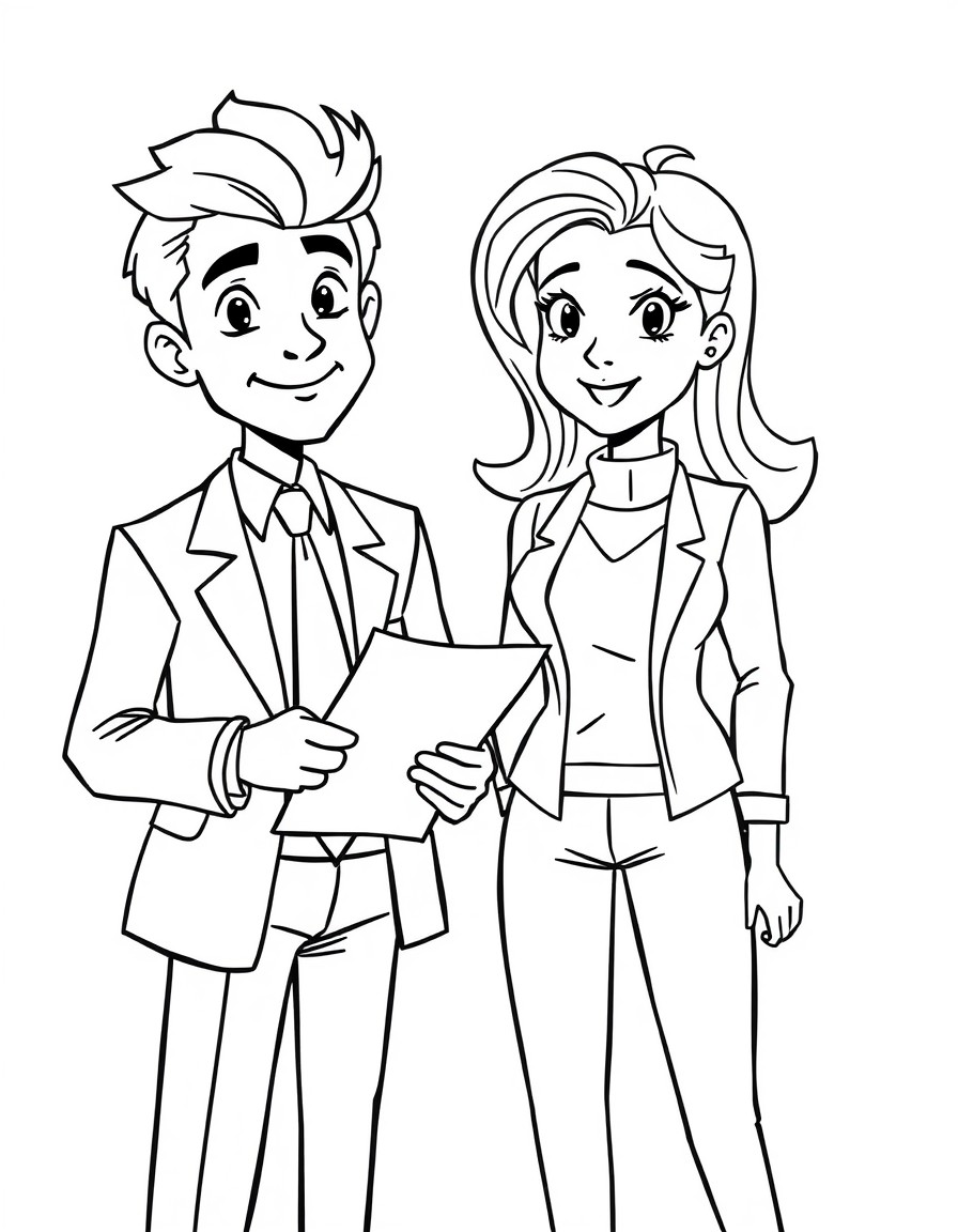 "Create an image of two fiegures, one male , one female, he character on the left is wearing a suit and tie, holding a piece of paper, and has a hairstyle typical of the 1980s. The character on the ri