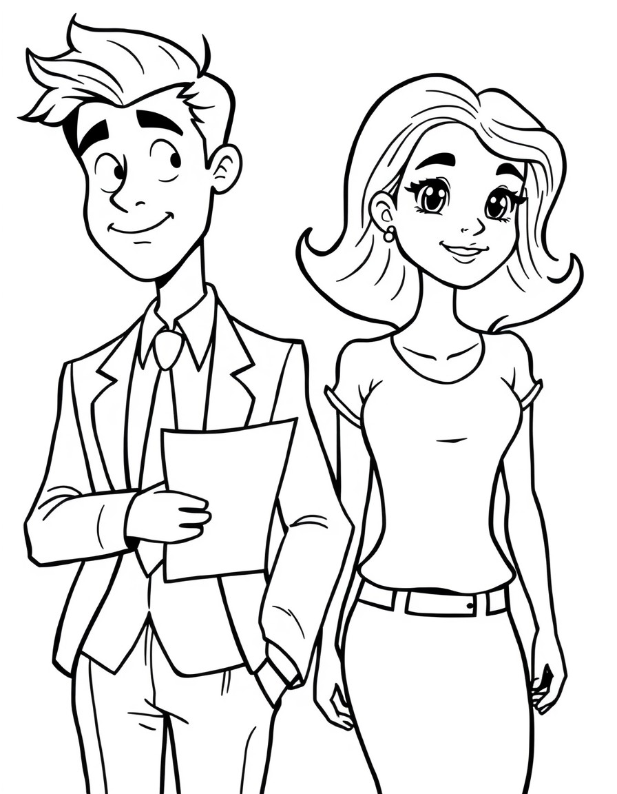 "Create an image of two fiegures, one male , one female, he character on the left is wearing a suit and tie, holding a piece of paper, and has a hairstyle typical of the 1980s. The character on the ri