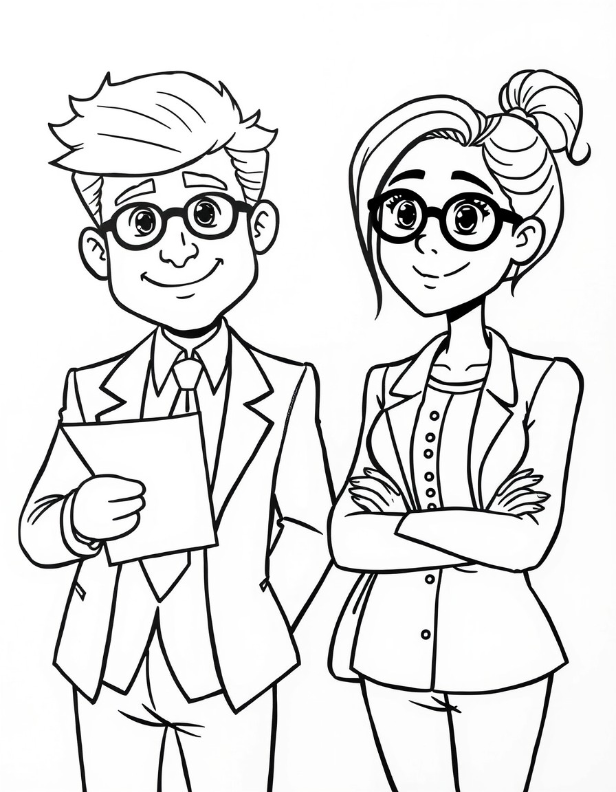 "Create an image of two fiegures, one male , one female, he character on the left is wearing a suit and tie, holding a piece of paper, and has a hairstyle typical of the 1980s. The character on the ri