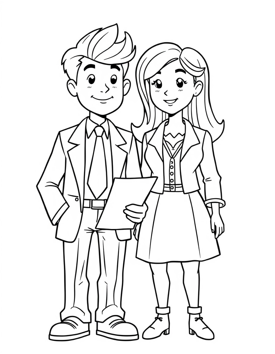 "Create an image of two fiegures, one male , one female, he character on the left is wearing a suit and tie, holding a piece of paper, and has a hairstyle typical of the 1980s. The character on the ri